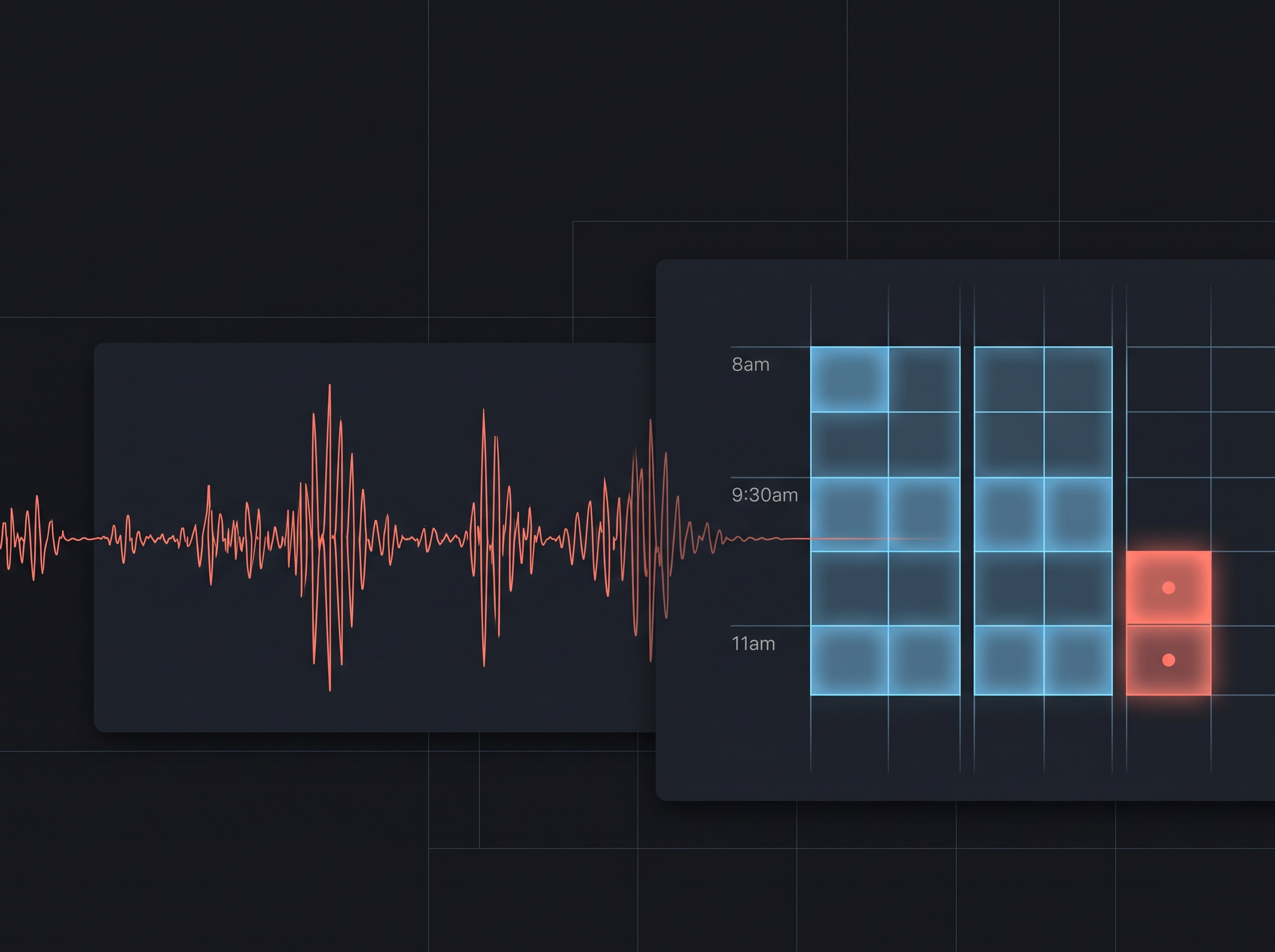 AI waveform interfacing with an Open Dental scheduling grid — coral accent on dark background